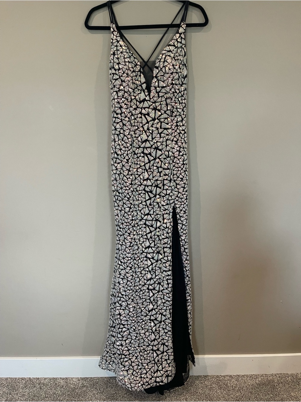 Nox Anabel Iridescent Sequin Formal Dress with Side Slit and Train